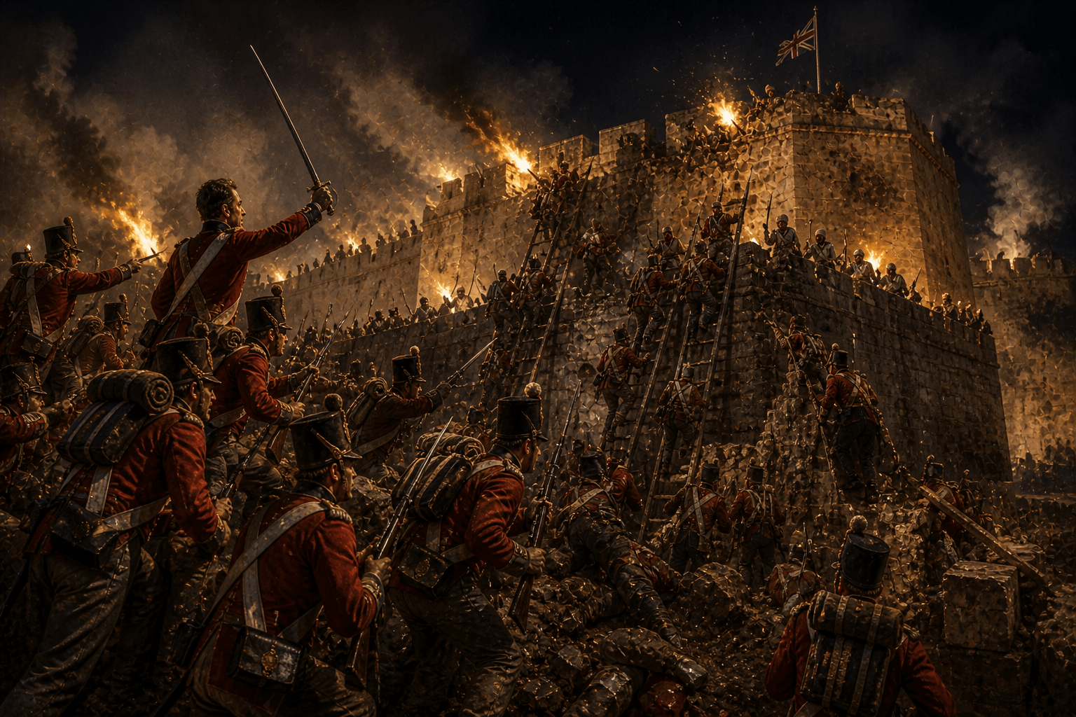 The storming of Badajoz at night