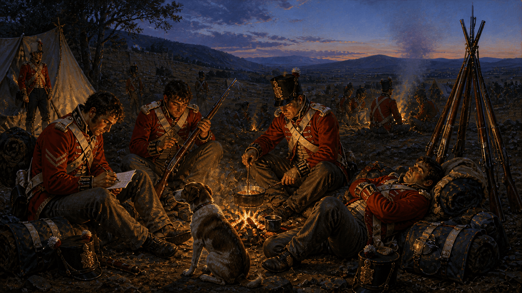 British soldiers gathered around a campfire