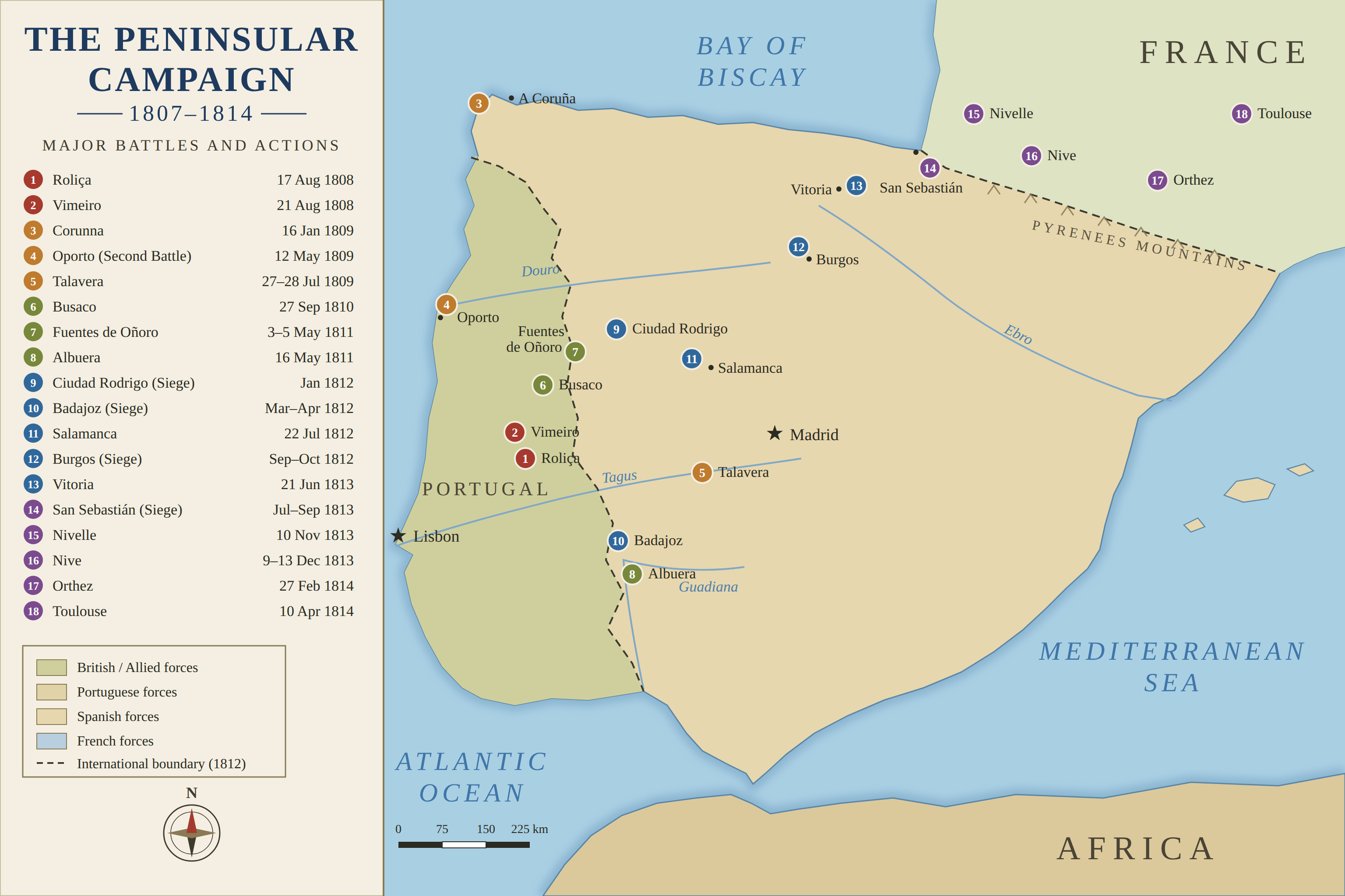 Map of the Peninsular Campaign 1807-1814 showing major battles including Rolica, Vimeiro, Corunna, Talavera, Ciudad Rodrigo, Badajoz, Salamanca, Vitoria, and Toulouse.