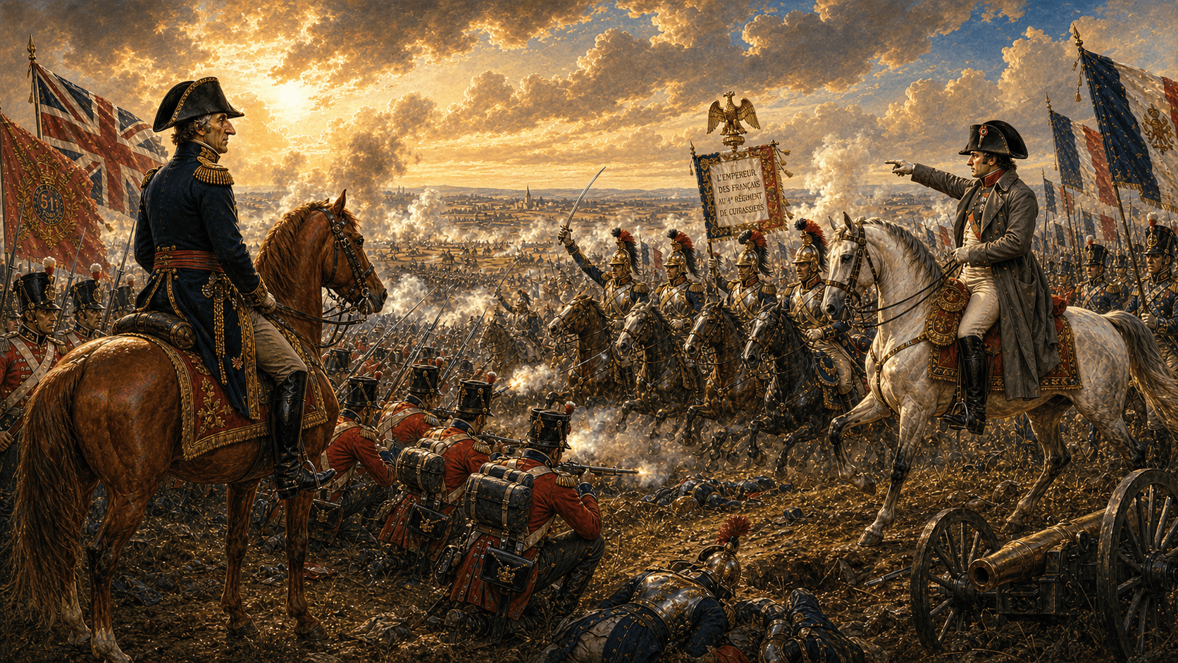 Napoleon and Wellington facing each other across the battlefield