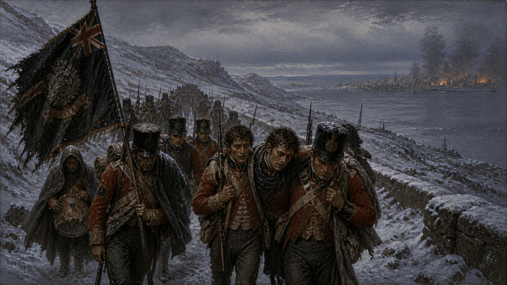 British troops retreating through winter mountains
